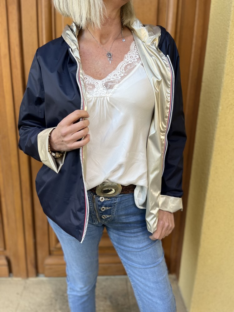 Veste mperméable Laura réversble courte bleu marne et doré