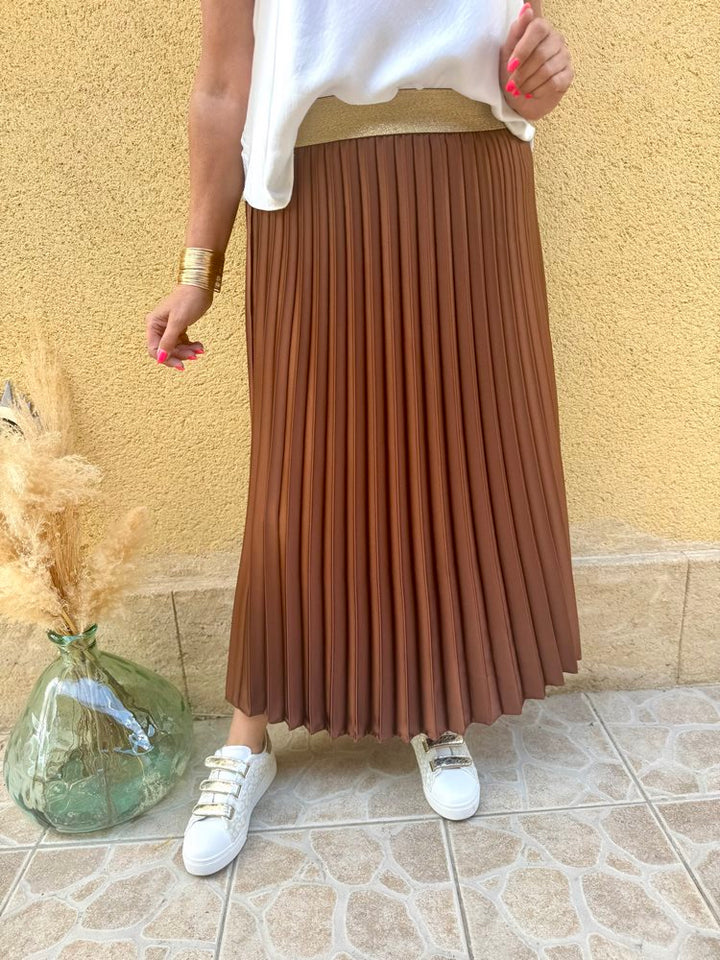 Jupe plissée satinée Jaya caramel Boutique Route du Sud